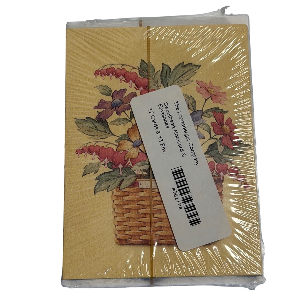Longaberger Sweetheart Notecard Envelopes Floral Basket Tan Stationery Set 12 Ct